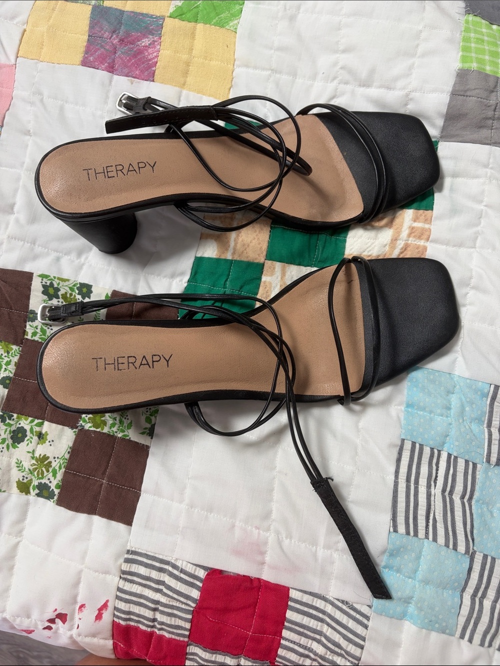 therapy Black Strappy Square-Toe Block Heel Sandals
